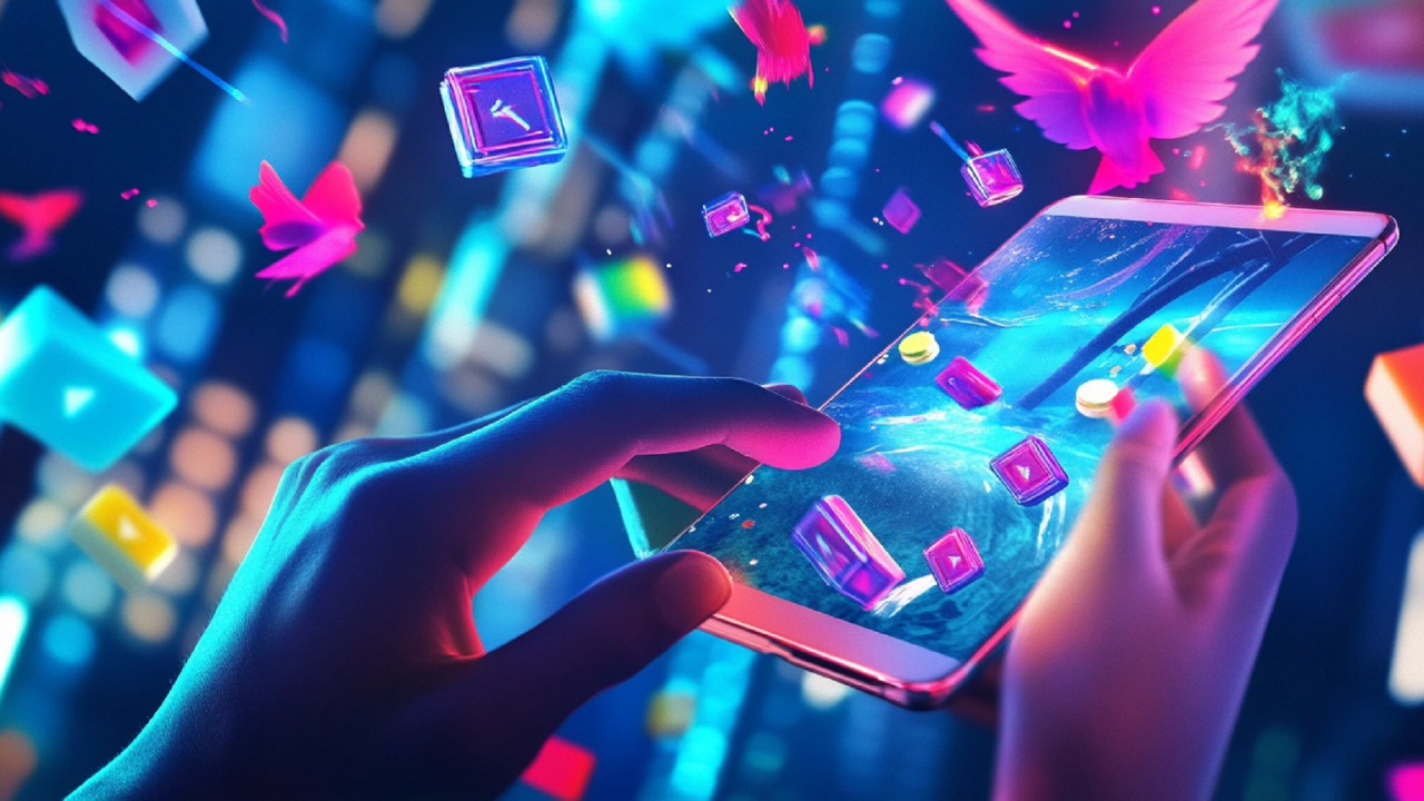Glowing smartphone with neon gaming icons